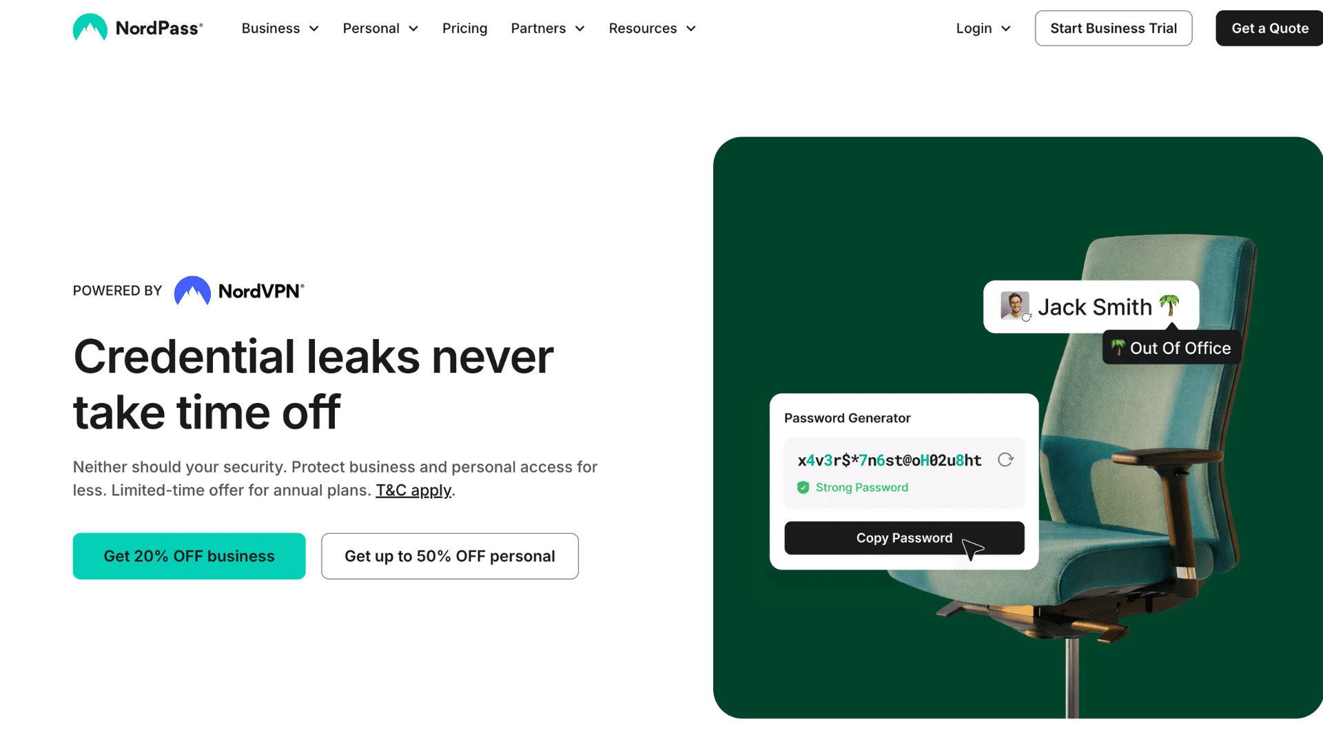 nordpass homepage promoting password manager with password generator business offers and secure access features for users