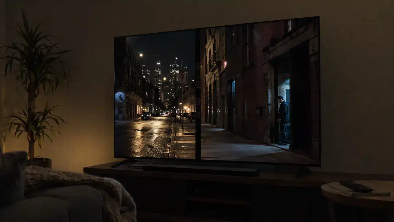 oled hdr display showing bright city lights beside deep blacks with visible detail in dark areas