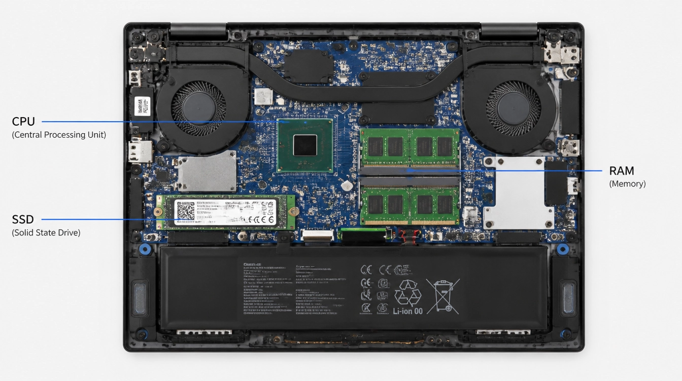 opened laptop showing cpu ram and ssd components with hardware labels for computer education