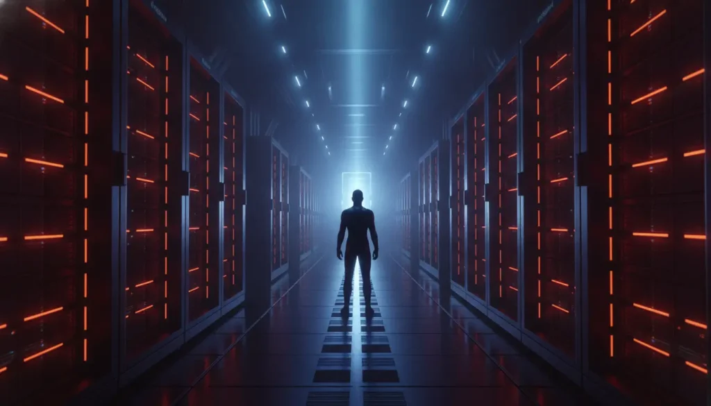 Silhouette of person standing in illuminated data center with red and blue lighting