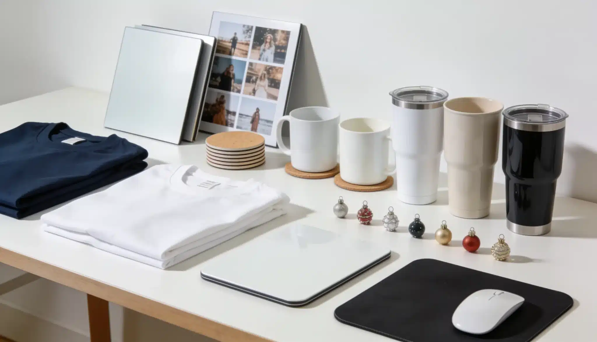 organized sublimation blanks including polyester shirt coated mugs coasters and photo panels on a craft table