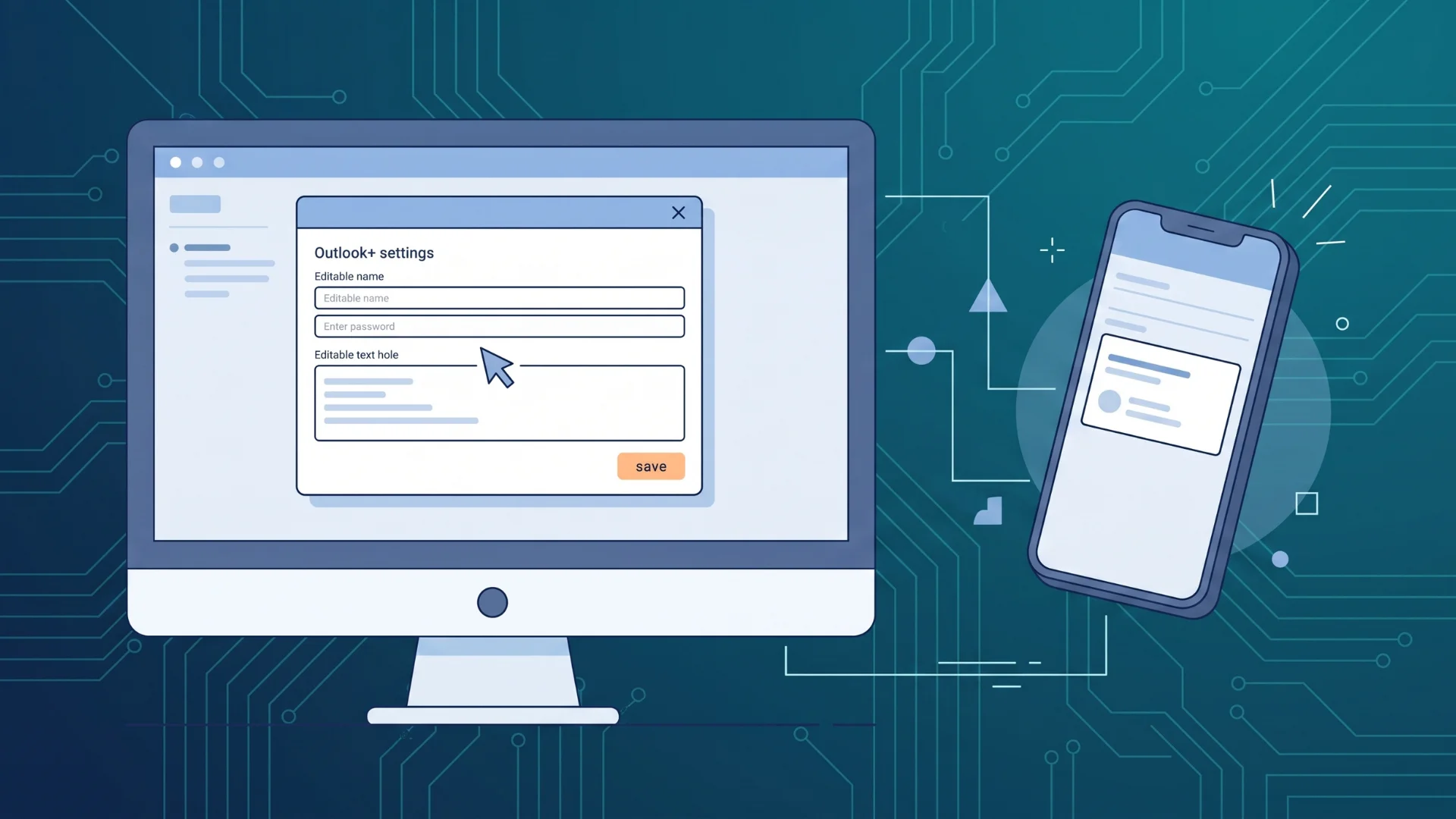 Outlook account settings interface shown on desktop and smartphone screens