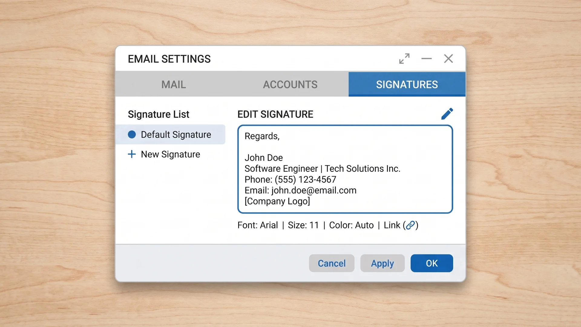 Outlook signature editor with editable contact details and default signature selected