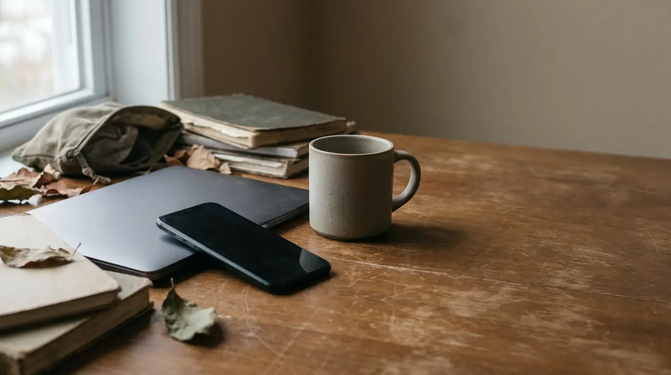 Laptop and smartphone on wooden desk with mug and stacked books nearby