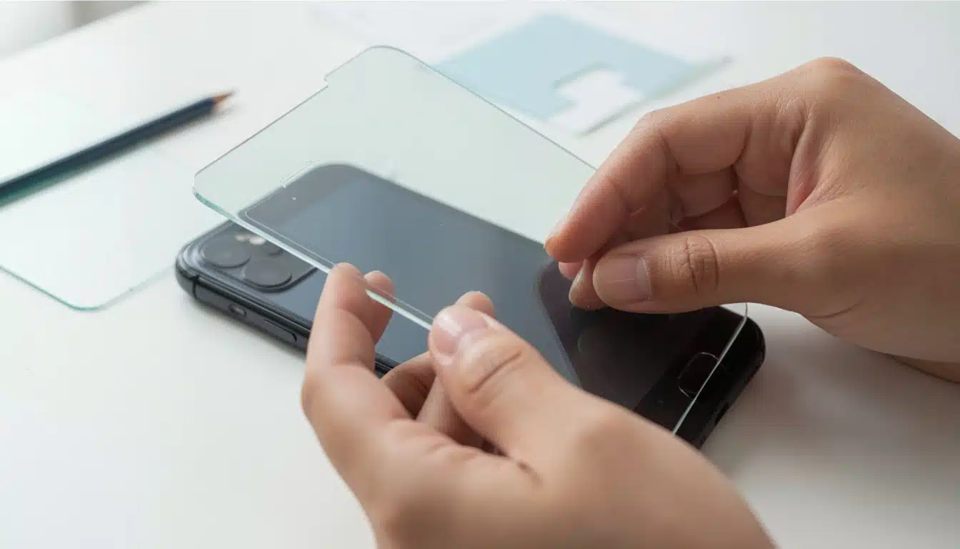 person aligning a clear glass screen protector over a smartphone before installation