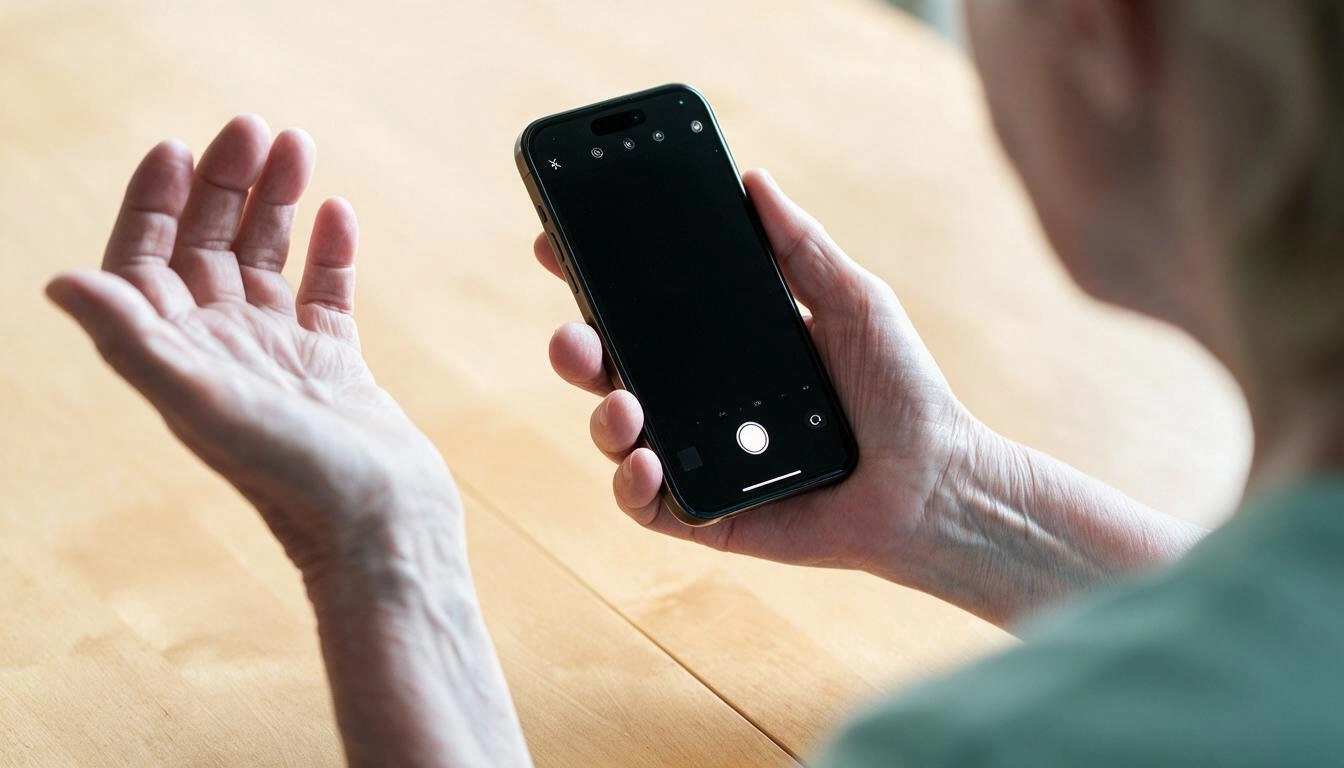 person checking iphone camera with black screen while holding phone during troubleshooting test