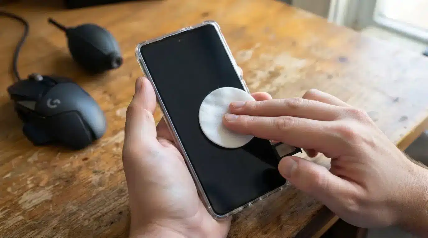 person cleaning a smartphone screen with a cloth while troubleshooting an unresponsive touch display issue