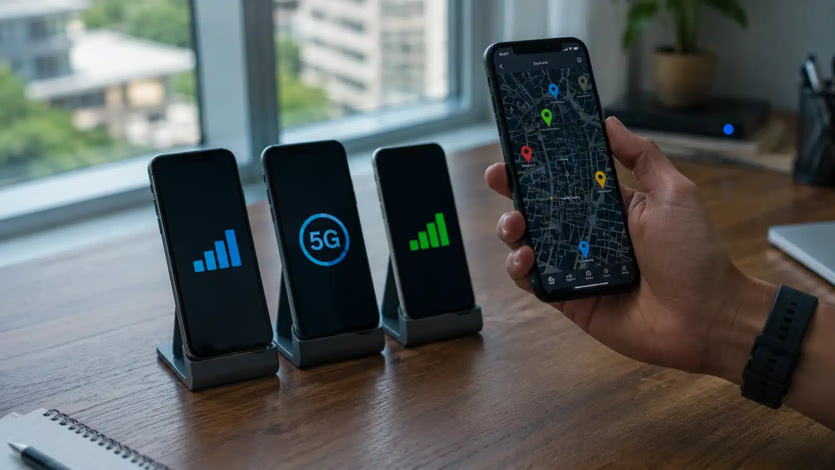 person comparing mobile network coverage on a smartphone while three phones on stands display signal strength indicators