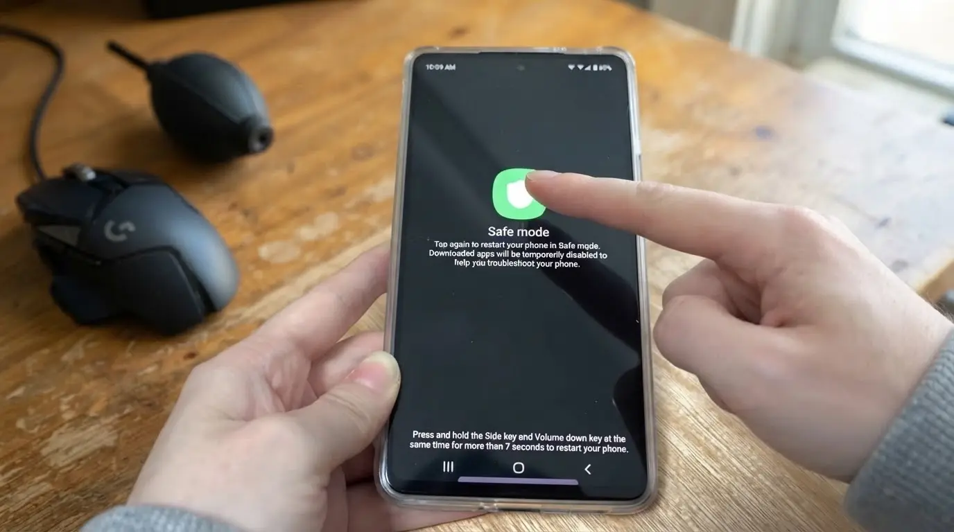 person enabling safe mode on a smartphone while troubleshooting an unresponsive touch screen issue and app problems