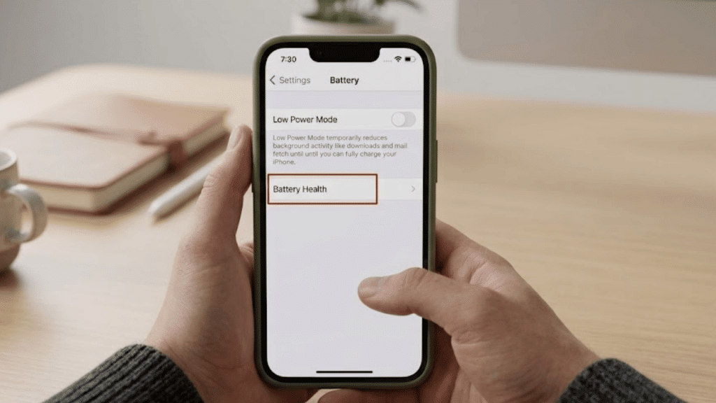 person holding an iphone on battery settings screen with battery health option highlighted at a desk with coffee cups and notebook