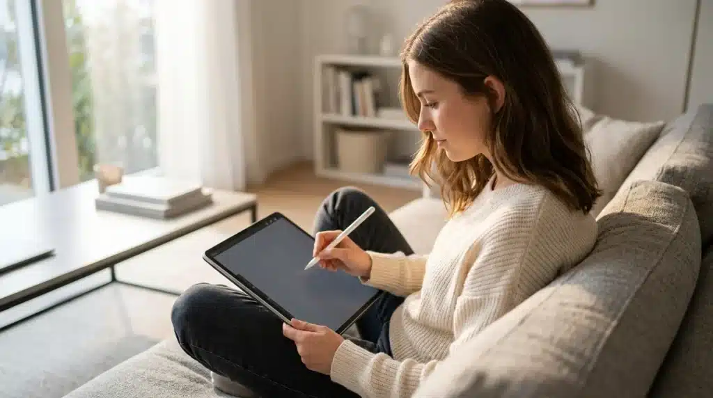 Person holding Apple Pencil and drawing on iPad Pro in a cozy living room setting