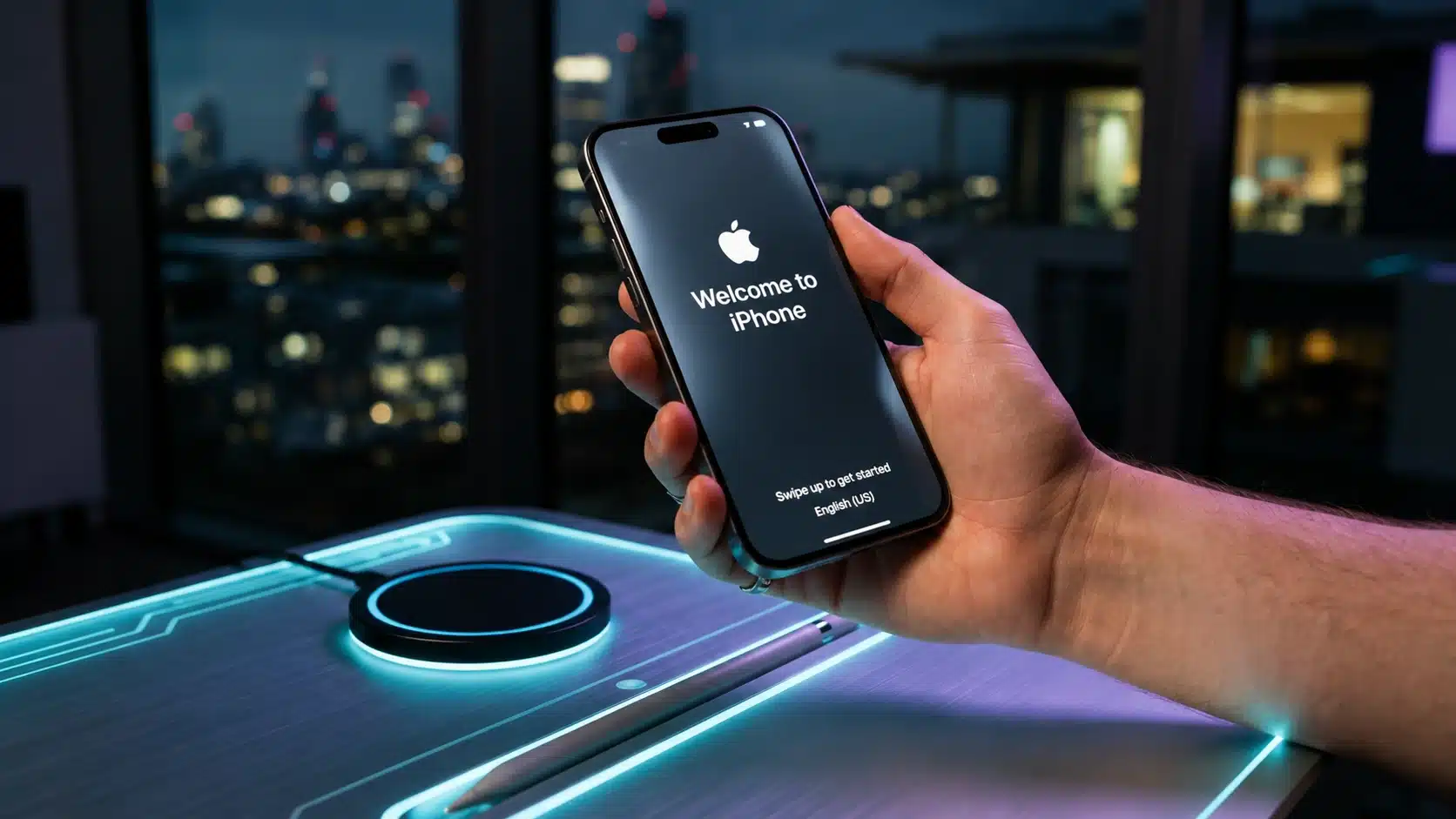 person holding iphone on welcome screen during initial device setup process at night