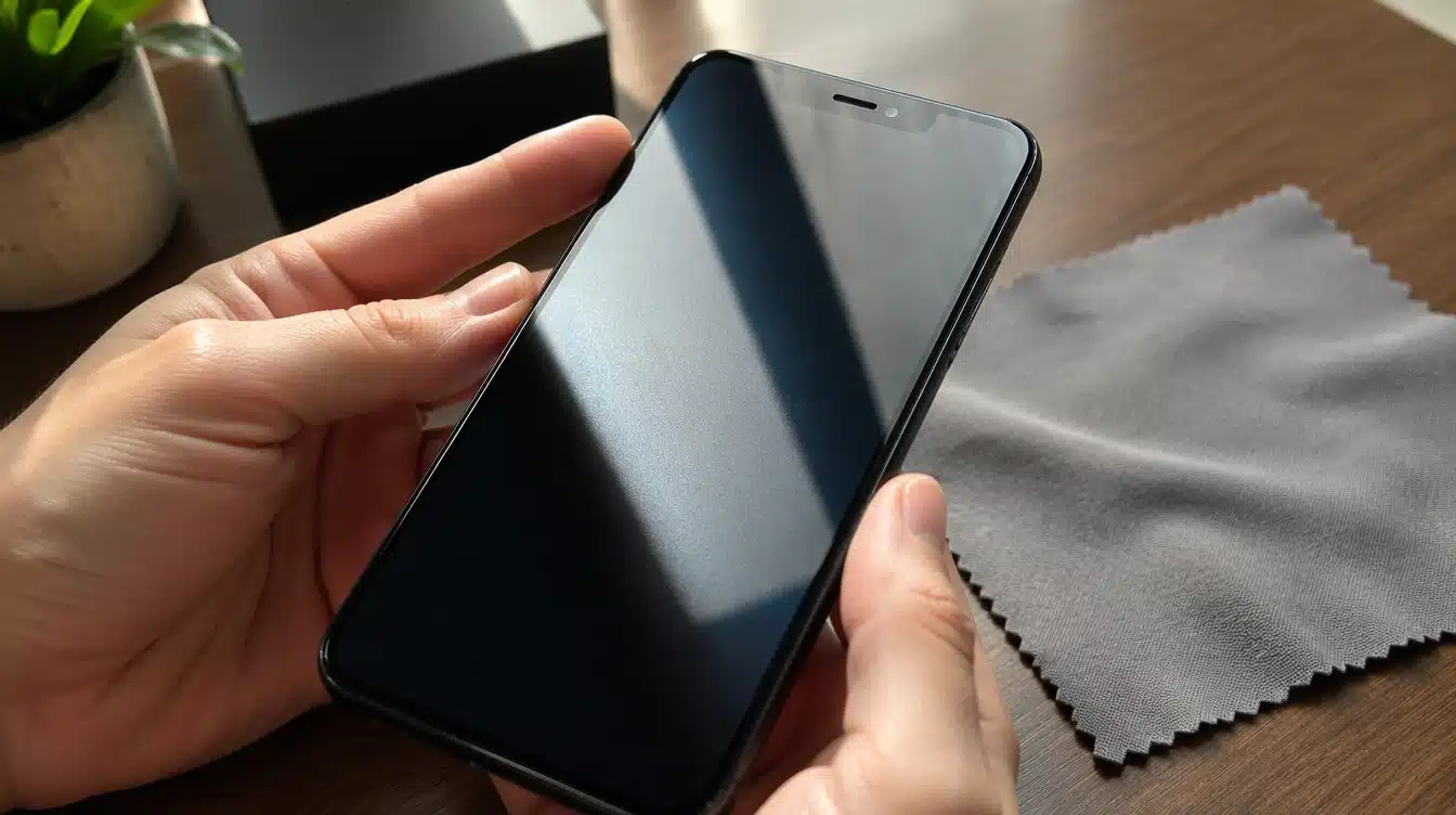 person inspecting a clean smartphone screen beside a microfiber cloth on a wooden table