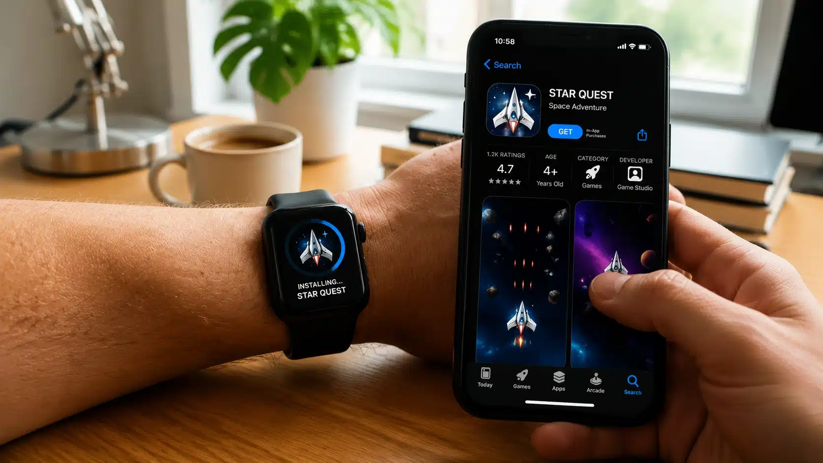 person installing a game on apple watch using iphone with app store screen visible on desk