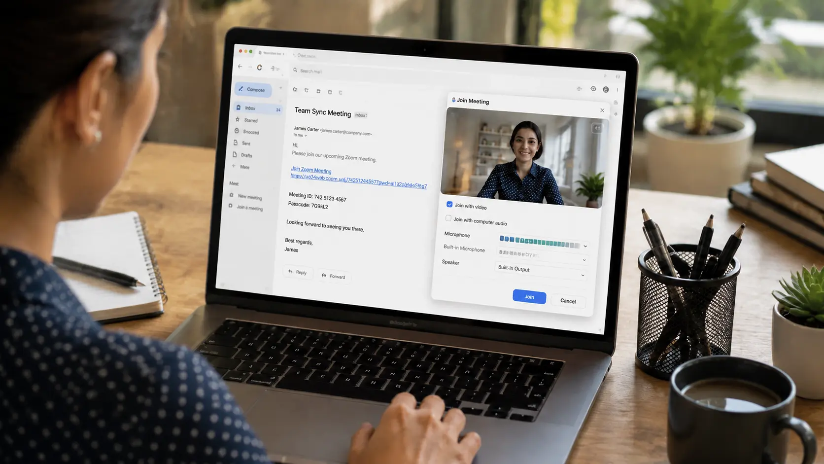 person joining zoom meeting through email invitation on laptop with camera and microphone settings ready
