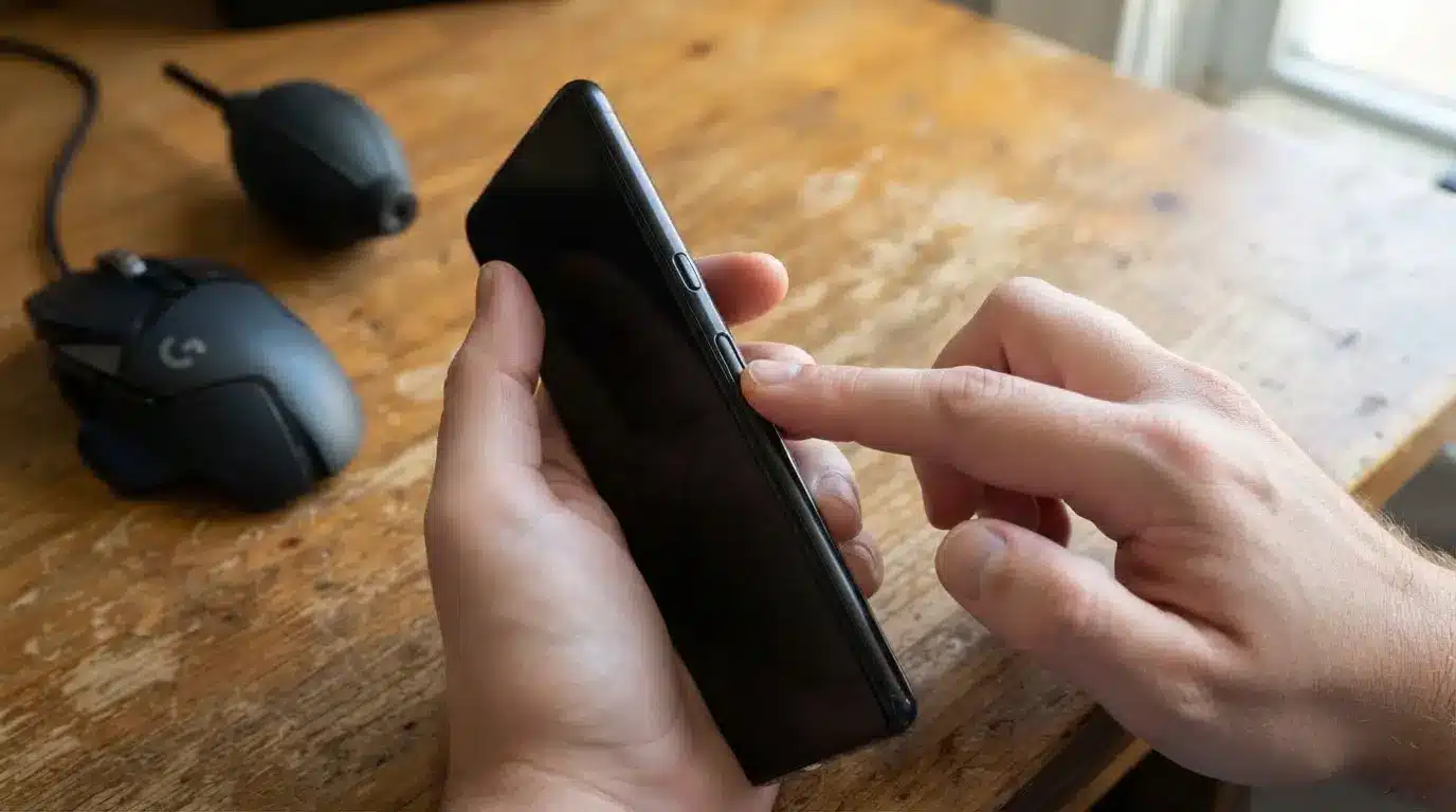 person pressing smartphone power button while troubleshooting a device with an unresponsive touch screen issue at home