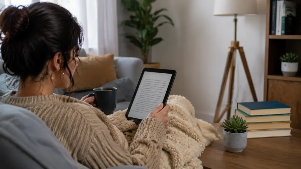 person reading ebook on tablet with coffee and books in cozy natural home setting