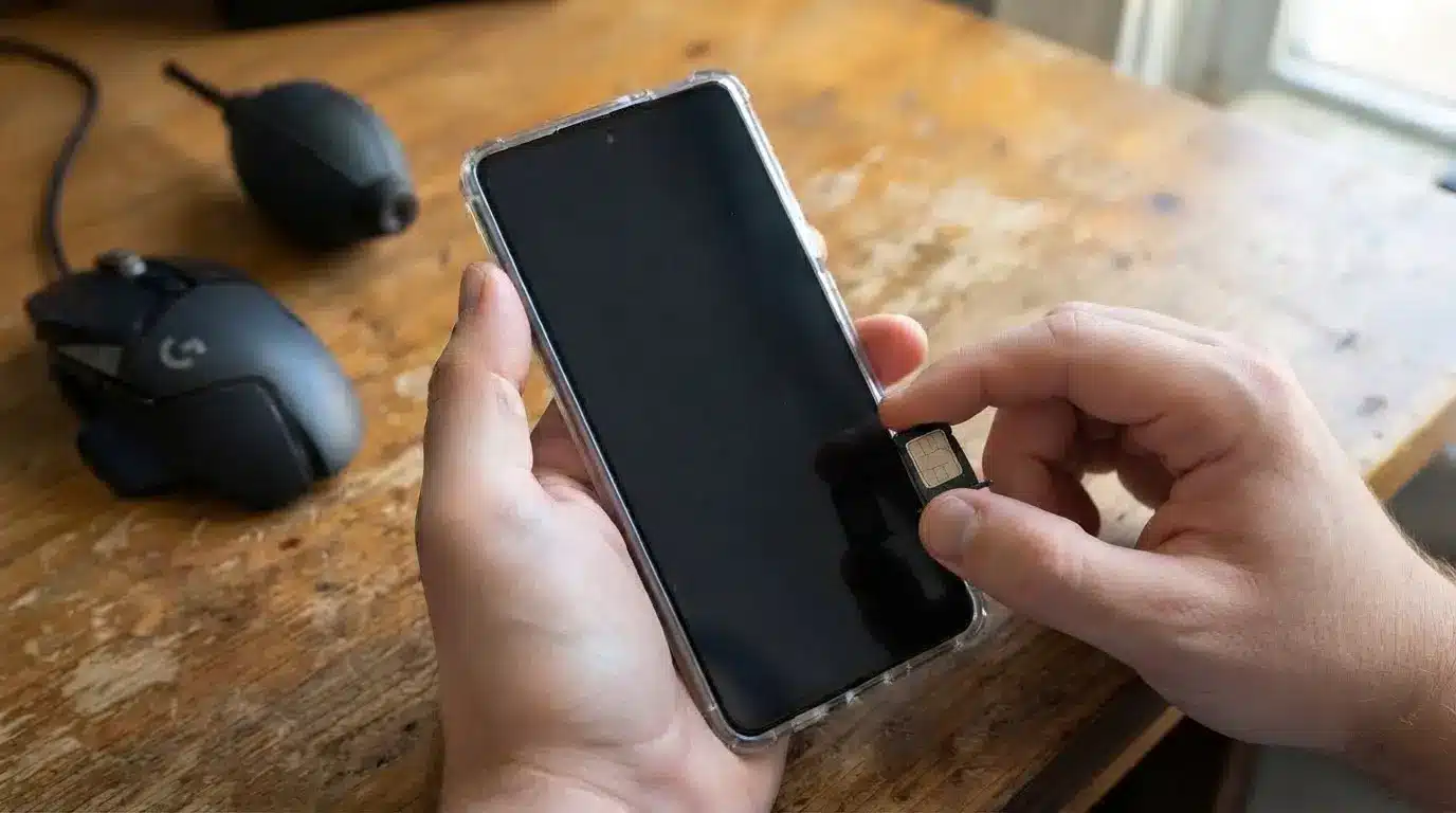 person removing a sim card from a smartphone while troubleshooting an unresponsive touch screen problem