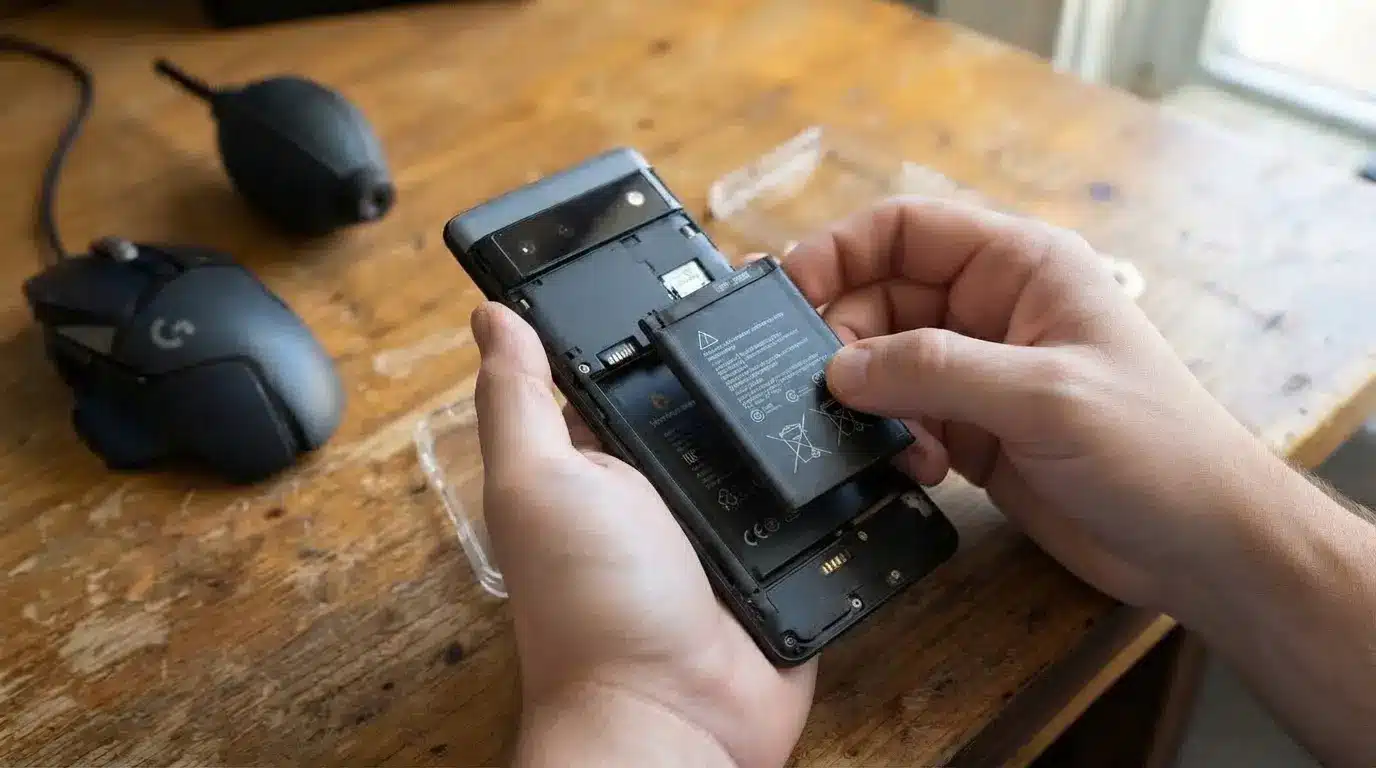 person removing a smartphone battery while troubleshooting an unresponsive device with repair steps on a desk
