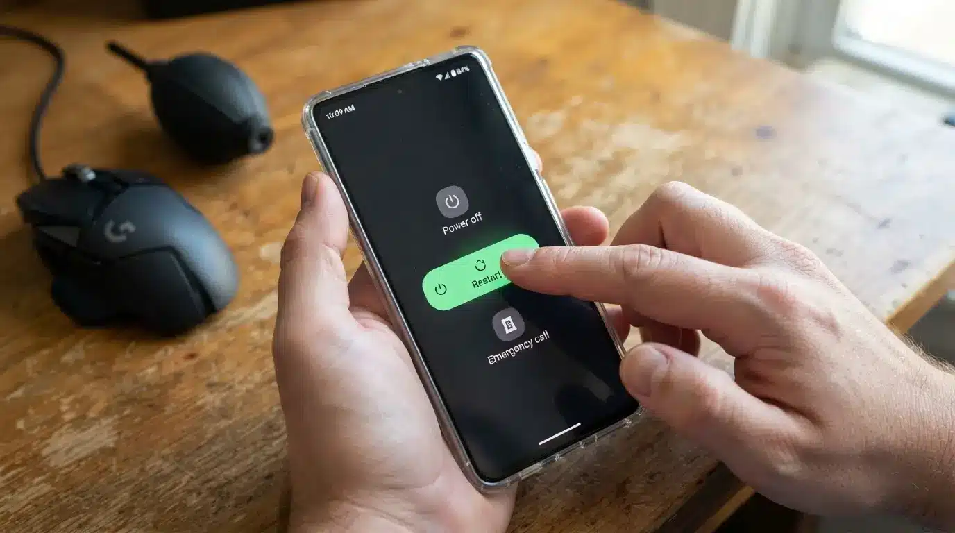 person restarting a smartphone using the power menu after the touchscreen stops responding during troubleshooting