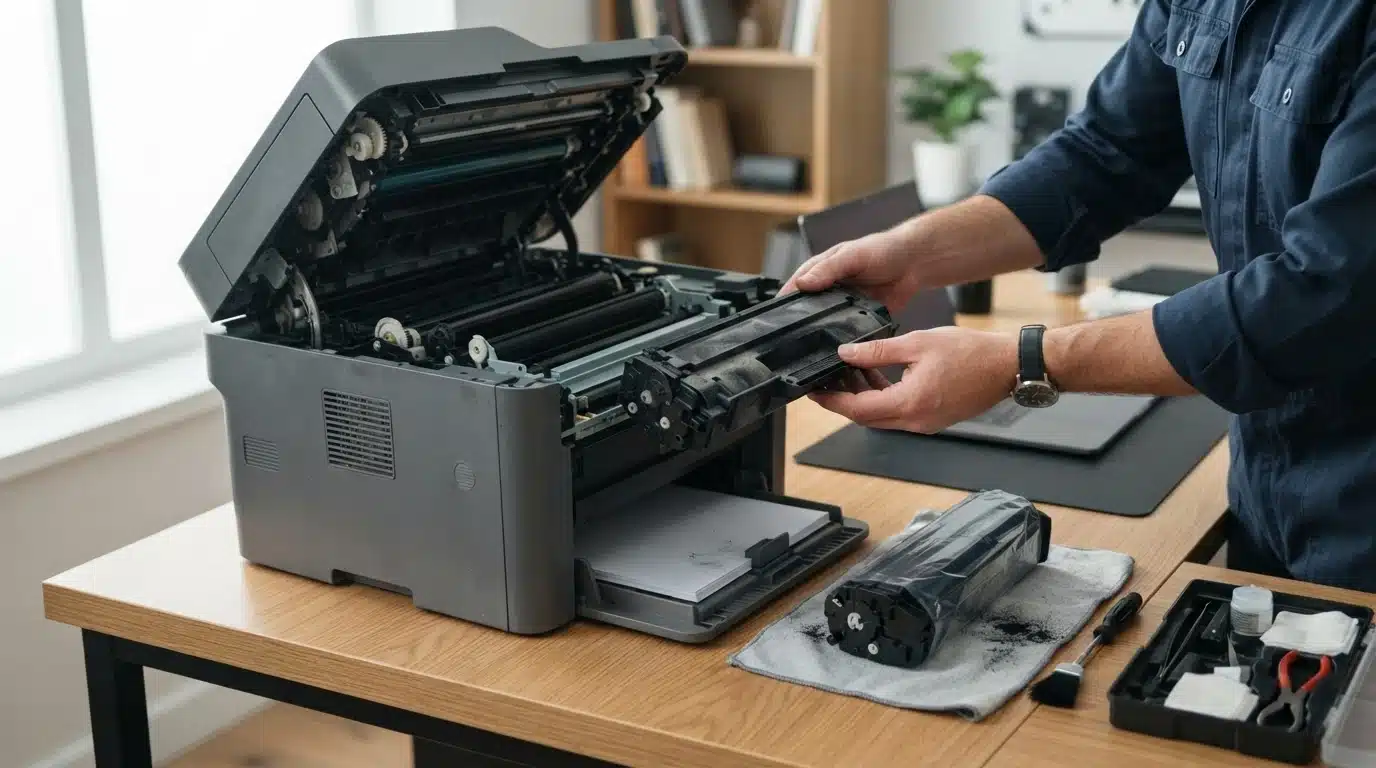 person servicing laser printer with toner cartridge removed during routine maintenance on desk