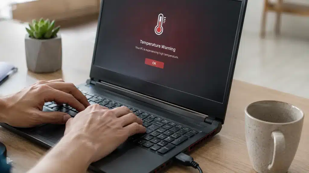 person typing on an overheating laptop displaying a temperature warning while working at a desk with coffee and a plant