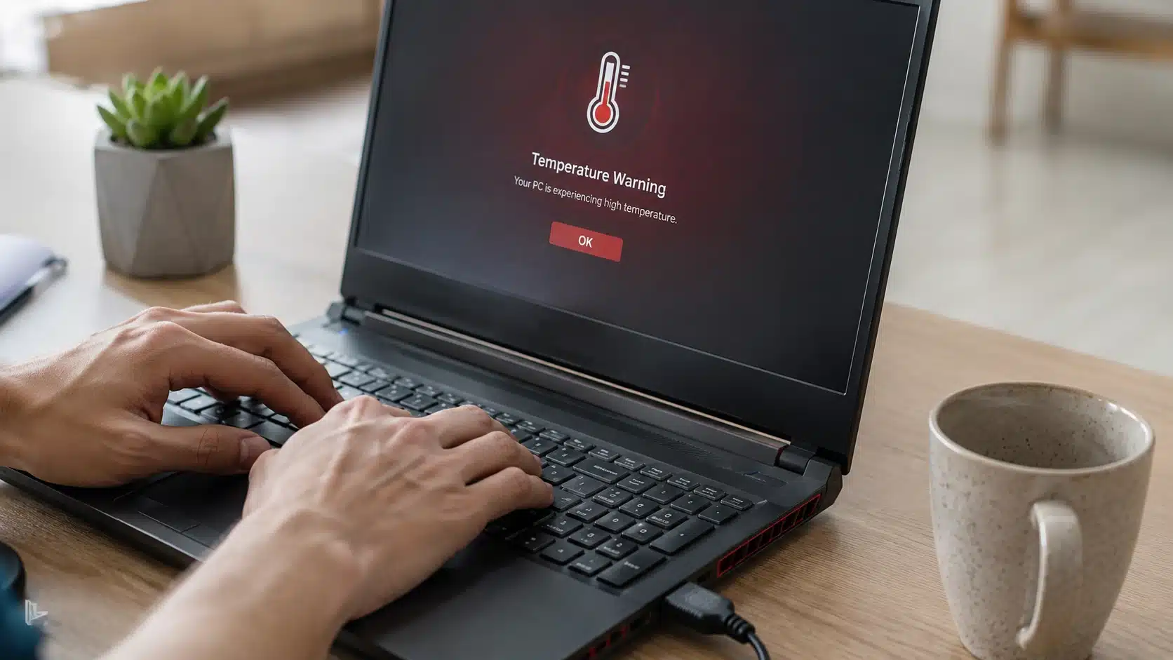 person typing on an overheating laptop displaying a temperature warning while working at a desk with coffee and a plant