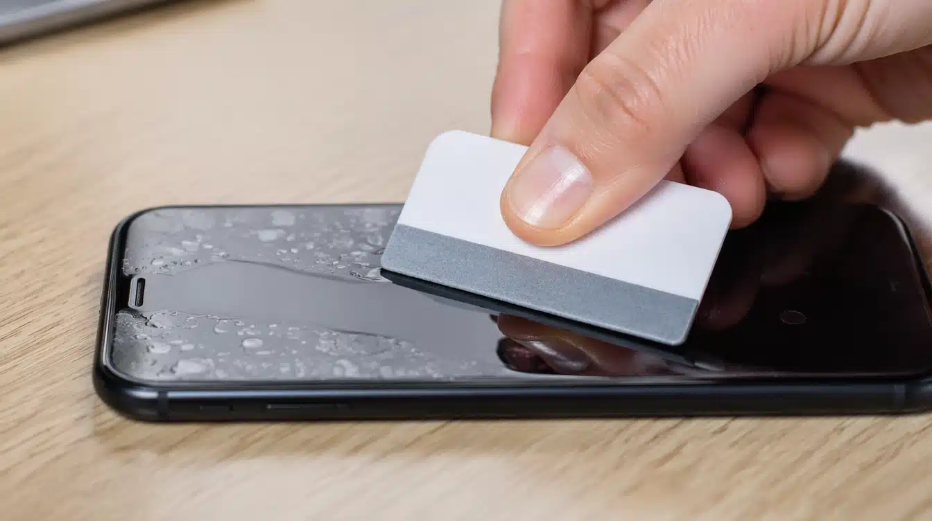person using a smoothing card to remove bubbles beneath a smartphone screen protector