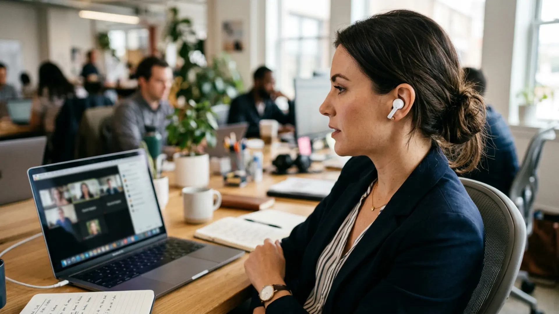 Person using Pi8 earbuds for work calls
