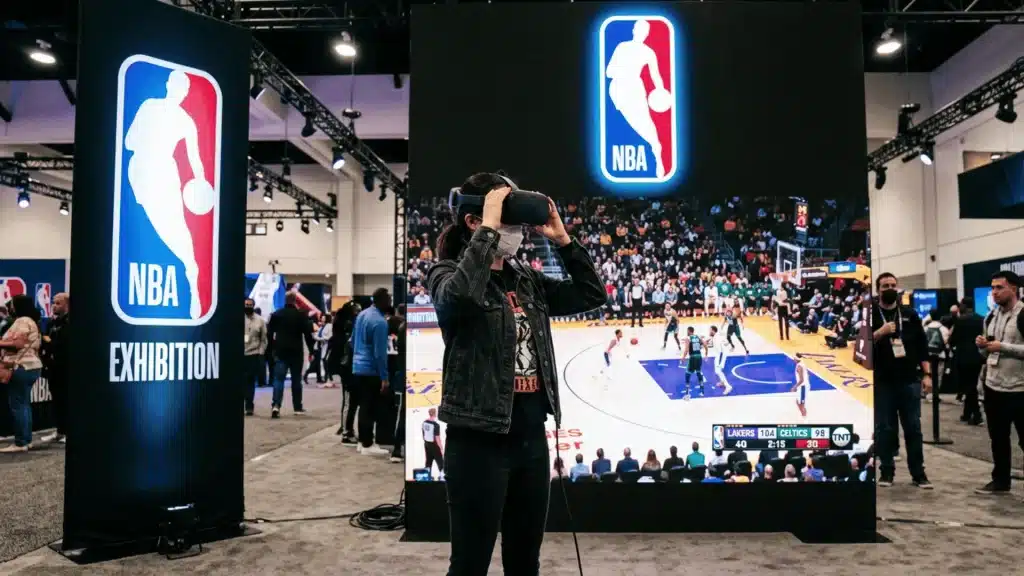 Person wearing a VR headset at an NBA exhibition booth with a large basketball game screen backdrop