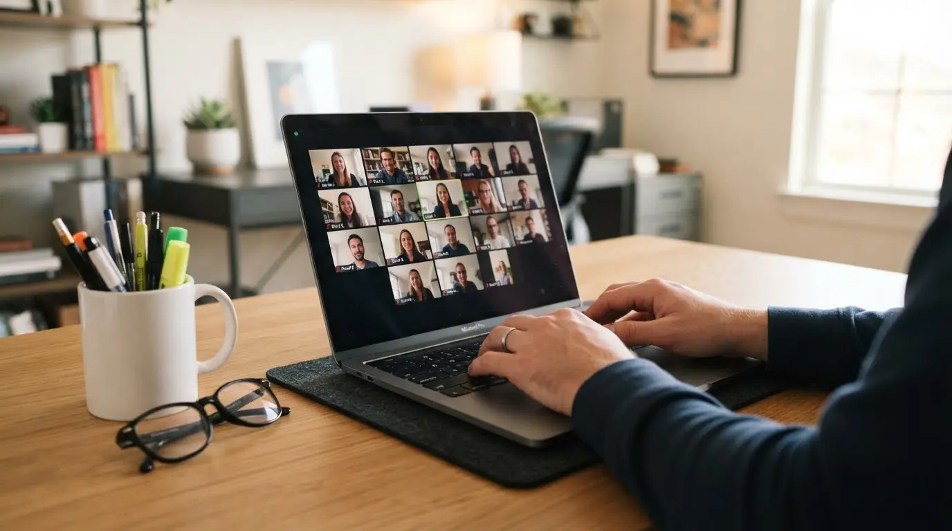 person attending zoom meeting on laptop with multiple participants displayed in video conference grid