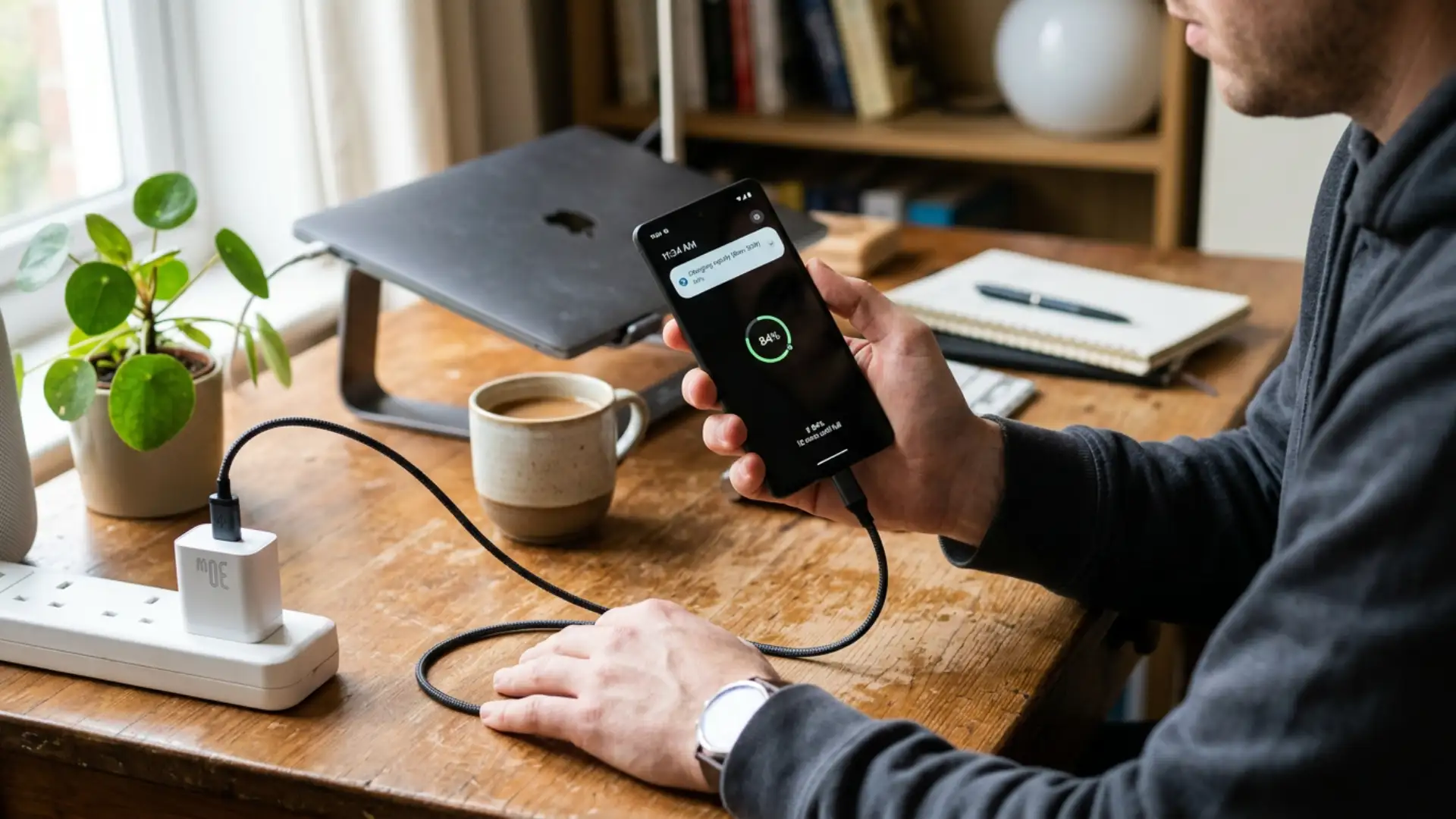 Person charging a smartphone with a fast USB-C charger on a desk
