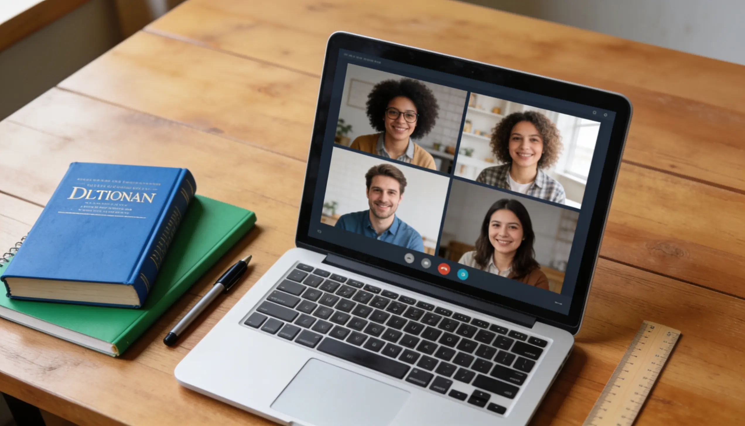 person using zoom meeting on laptop with video call interface and smartphone setup at home office