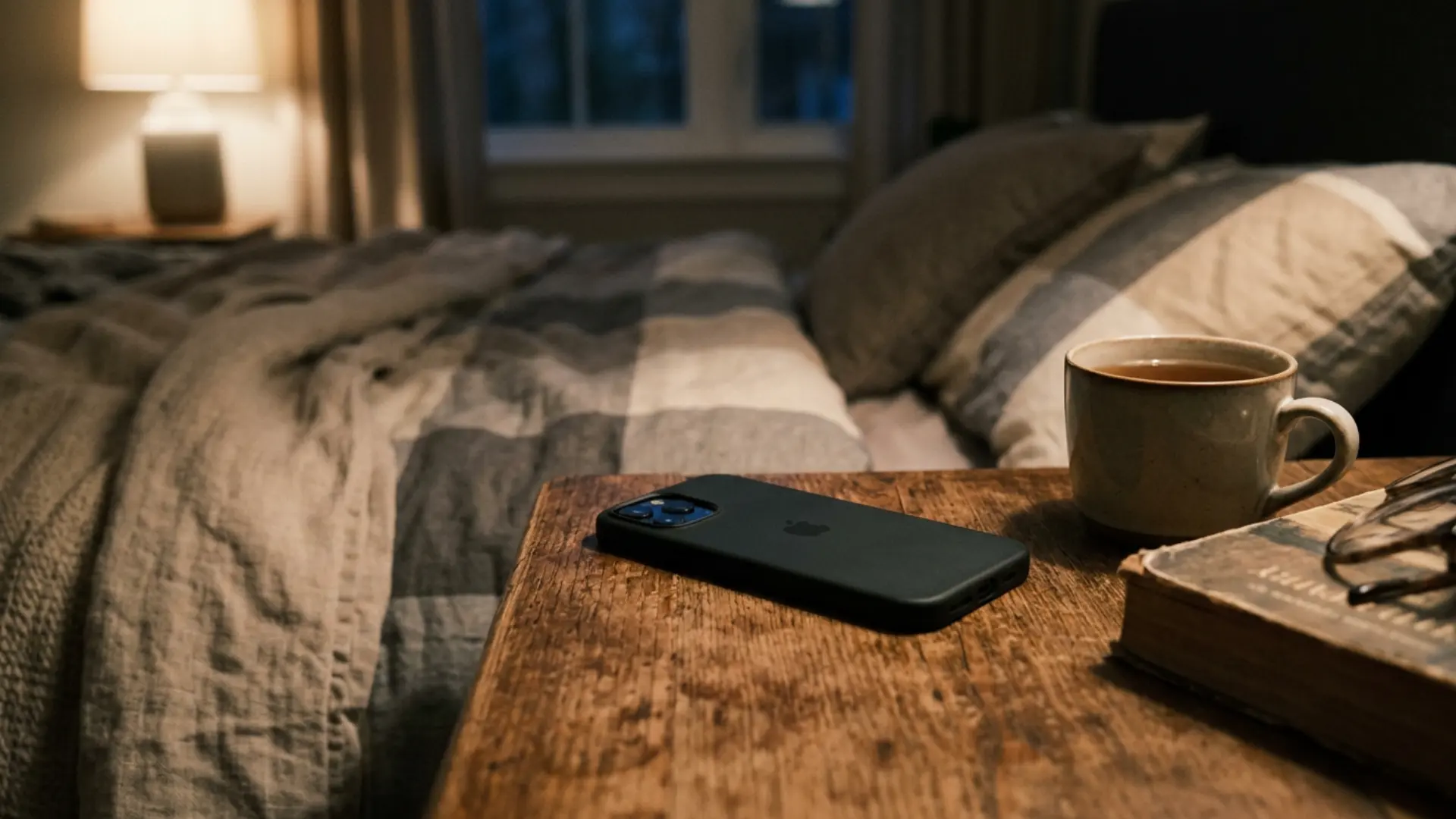 Phone charging overnight on a bedside table