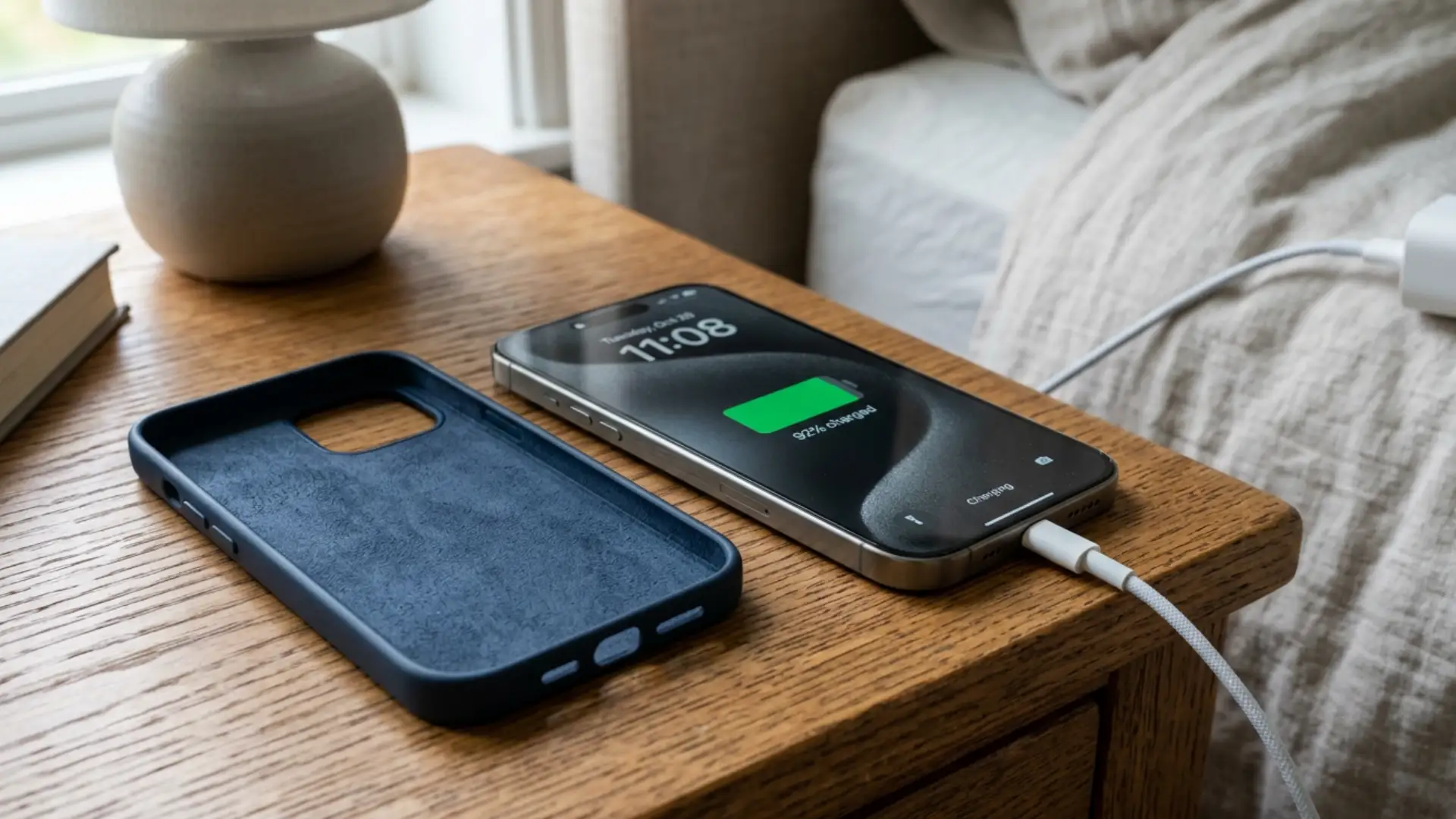 Phone charging without a case on a bedside table