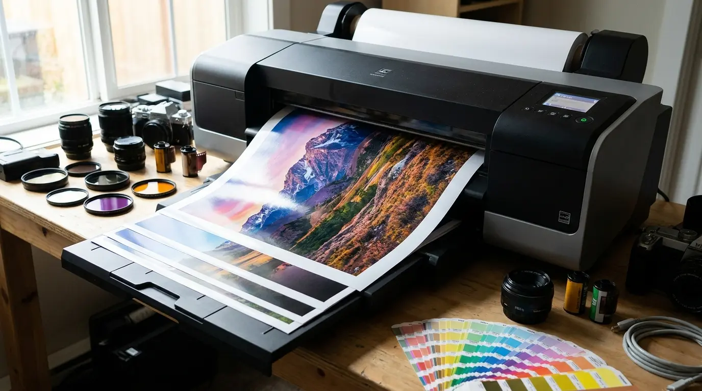 photo printer producing high resolution colorful prints surrounded by camera accessories and color swatches