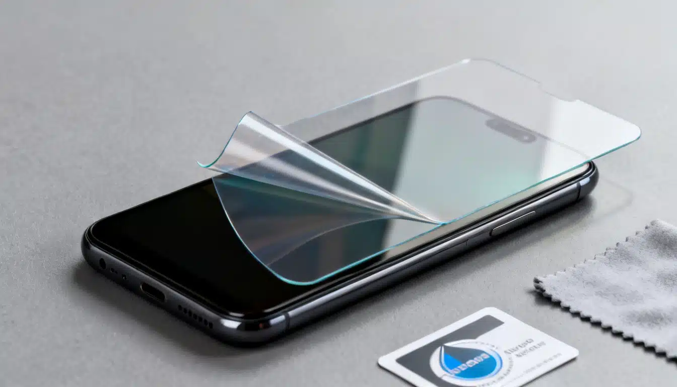 plastic film screen protector peeling above a smartphone