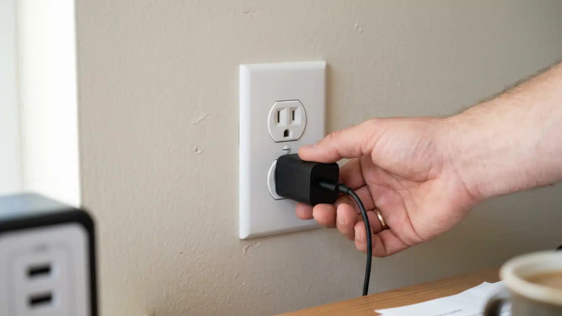 Plugging a phone charger into a wall outlet