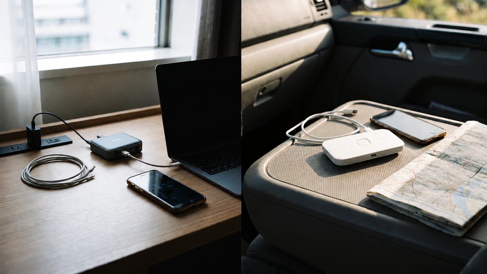 portable power station charging a laptop indoors alongside a compact travel hotspot and smartphone inside a vehicle cabin