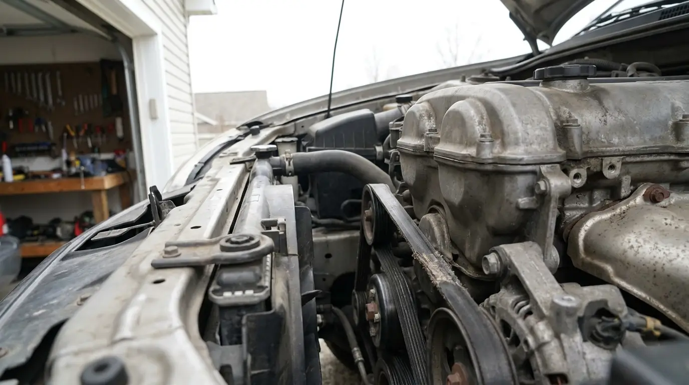 Car engine with visible belts in an open hood garage with workbench in background
