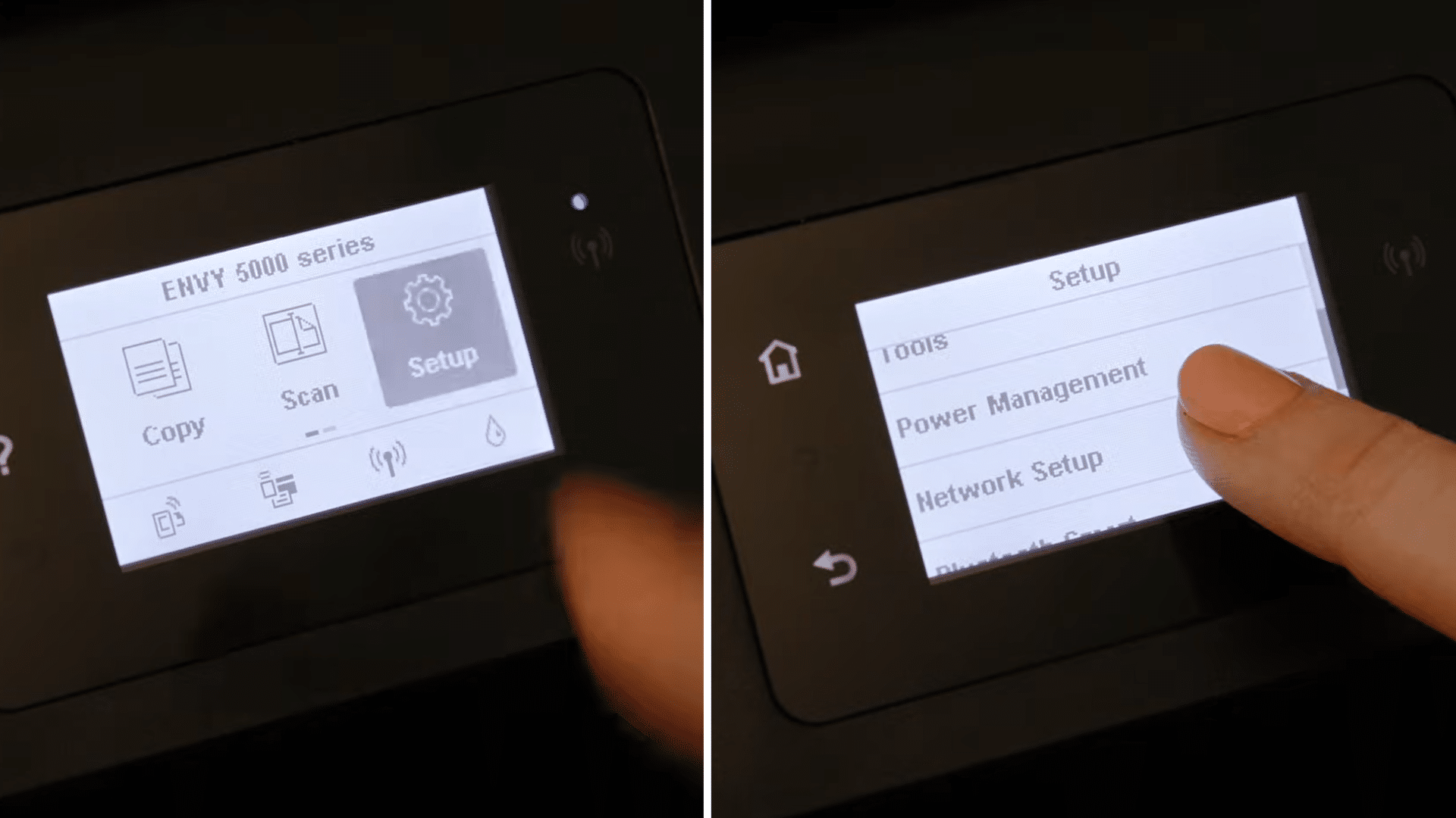printer touchscreen showing setup menu and network settings for configuring wireless wifi connection on an hp printer