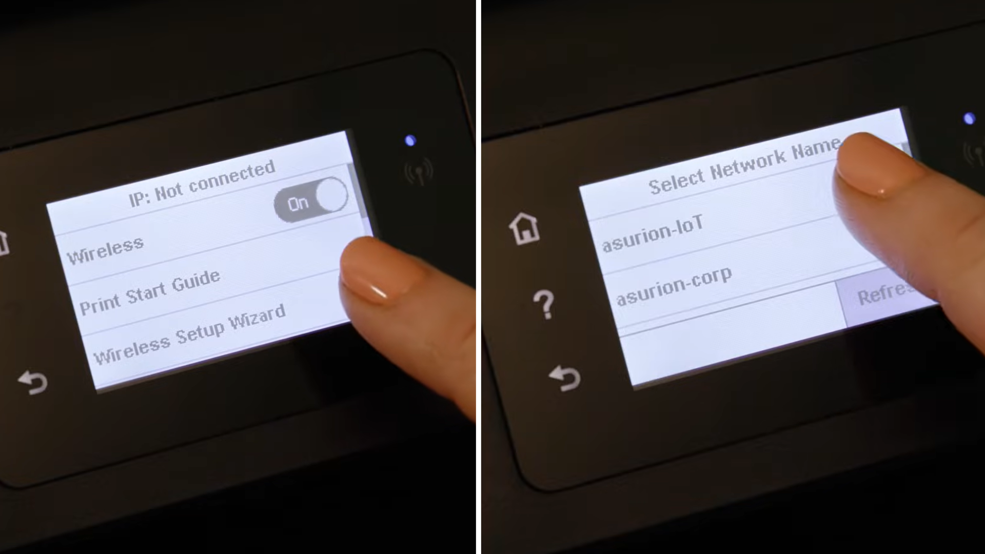 printer touchscreen showing wireless setup wizard and available wifi networks for connecting the printer to a wireless network