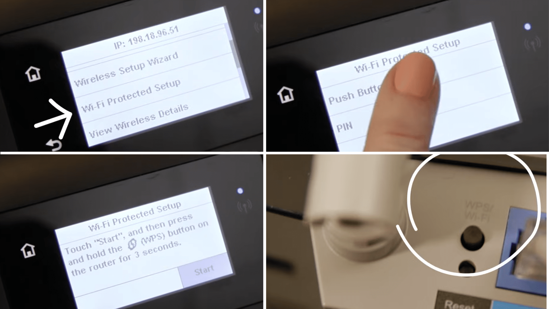 printer touchscreen showing wps wireless setup steps with menu options and wps button for quick wifi connection