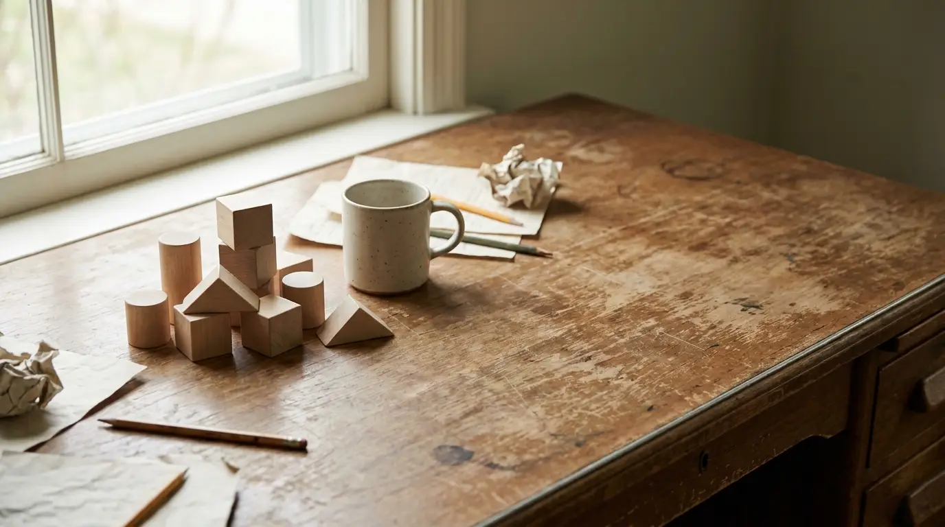 Wooden blocks and ceramic mug on rustic wooden desk by window