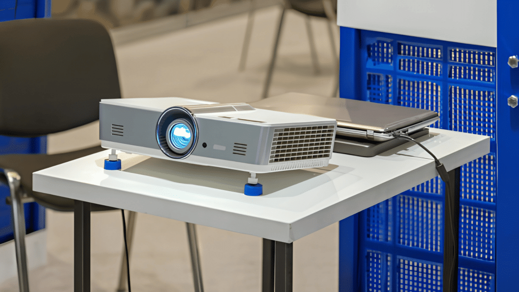 projector with lens illuminated beside a closed laptop on a white table in a trade show display area