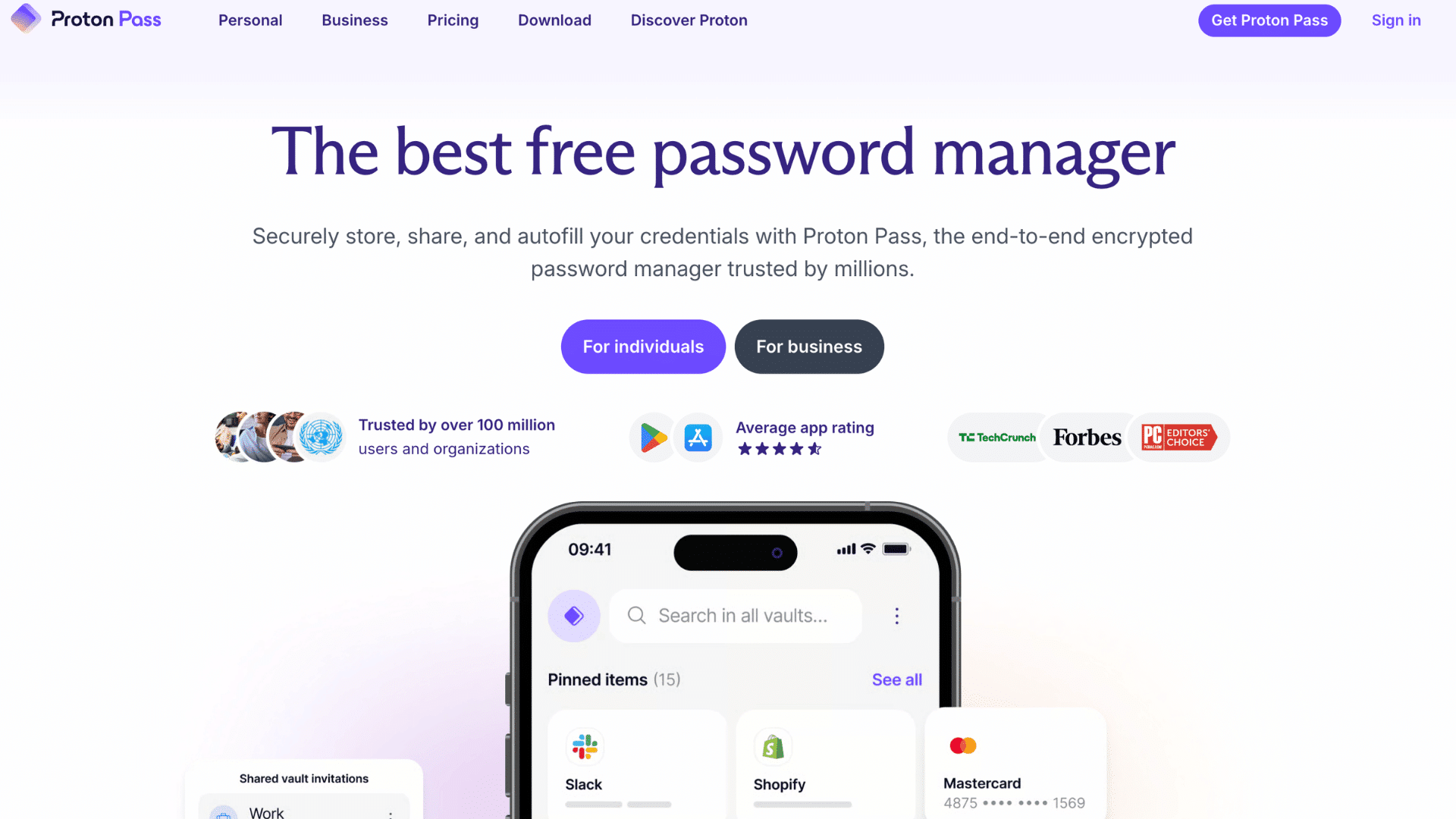 proton pass homepage showing free password manager with secure vault features mobile app preview and sign up options