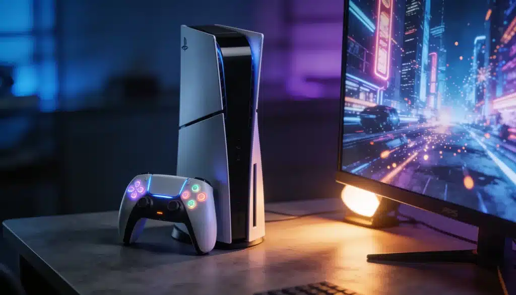 ps5 pro console with controller on gaming desk showing premium 4k gaming setup and performance focus