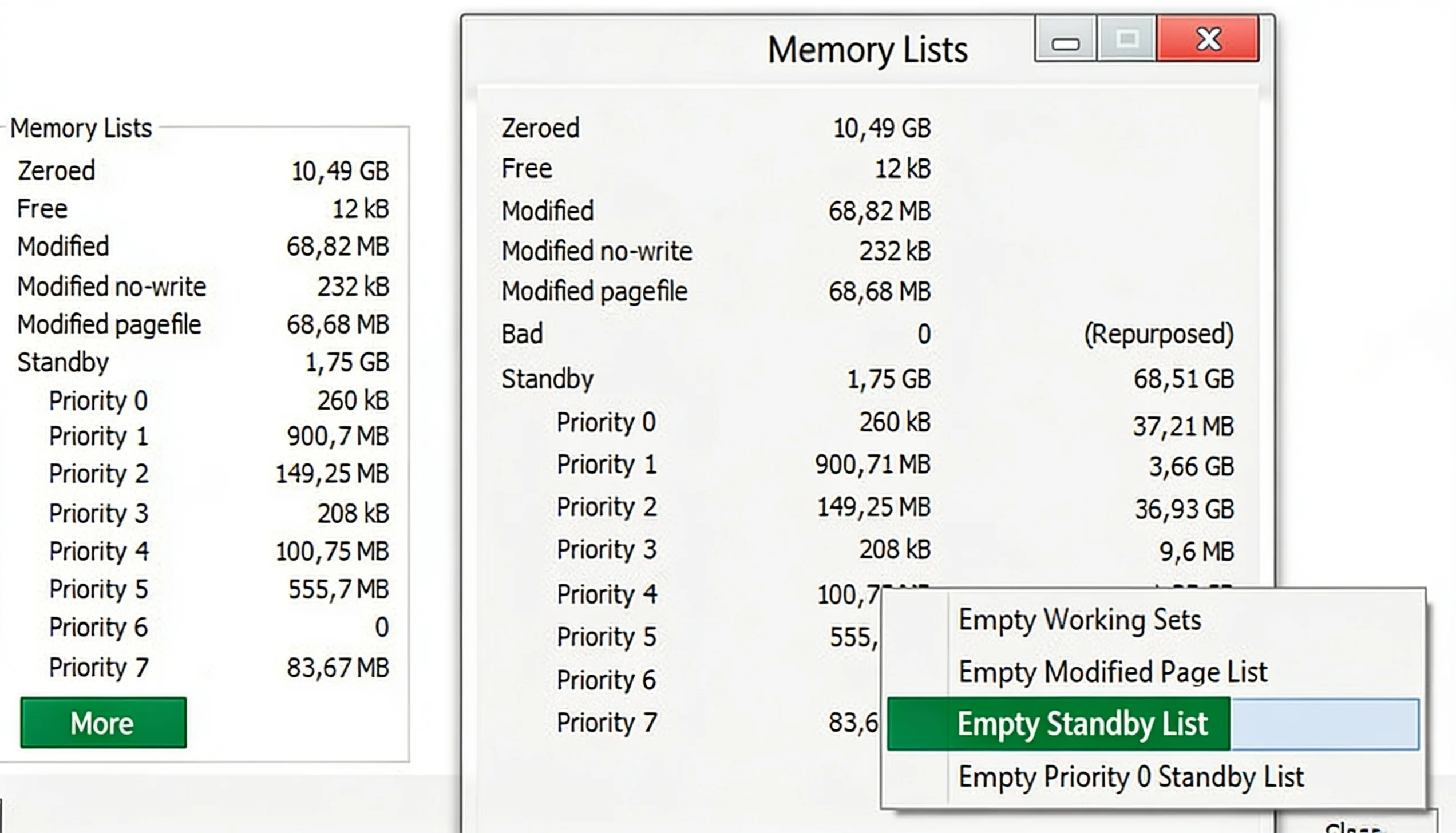 rammap window showing memory lists with empty standby list option for clearing windows ram cache