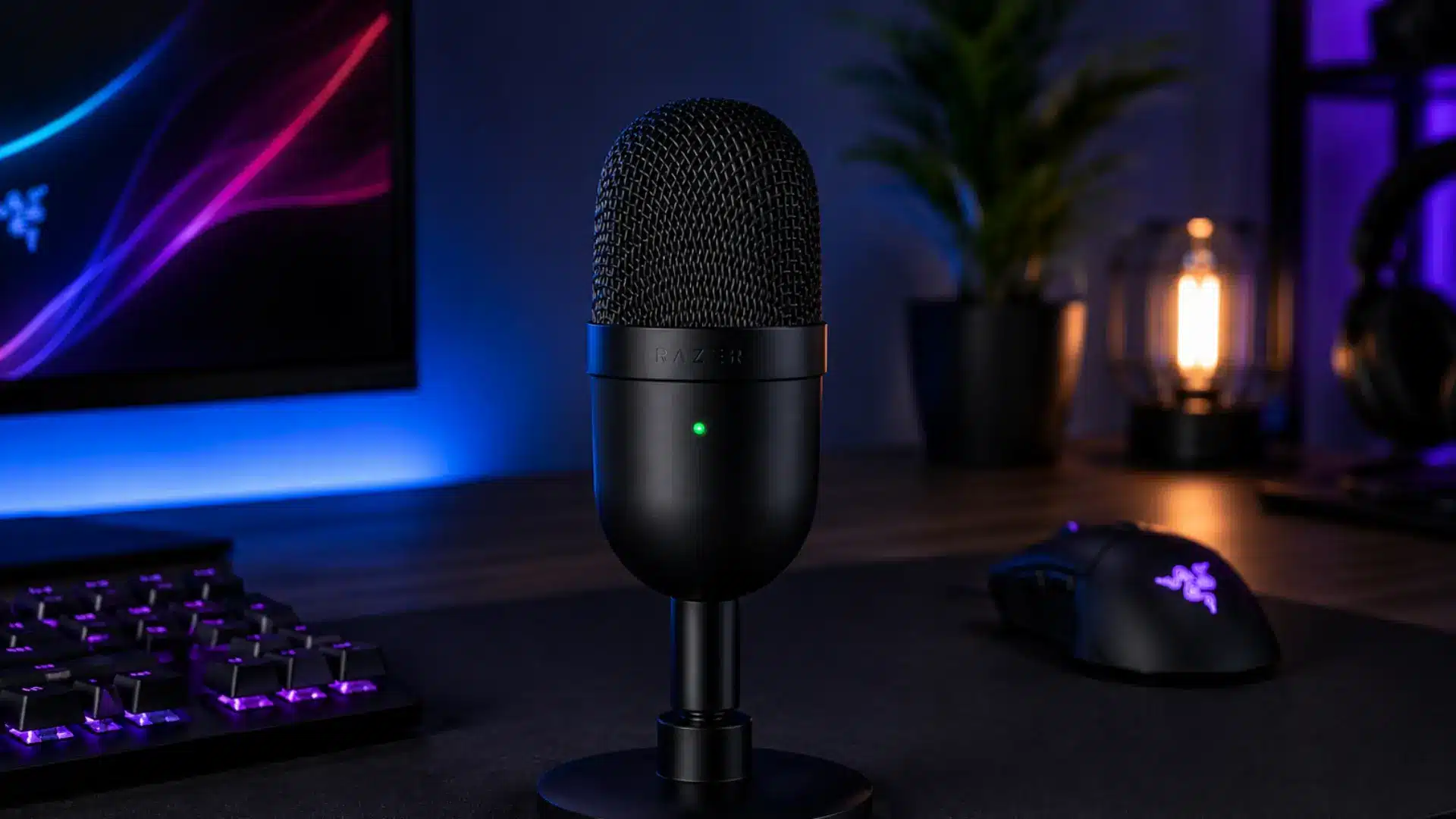 Razer Seiren Mini microphone on a compact minimalist gaming desk
