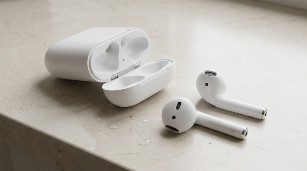 realistic white airpods and charging case beside small water droplets showing limited water resistance
